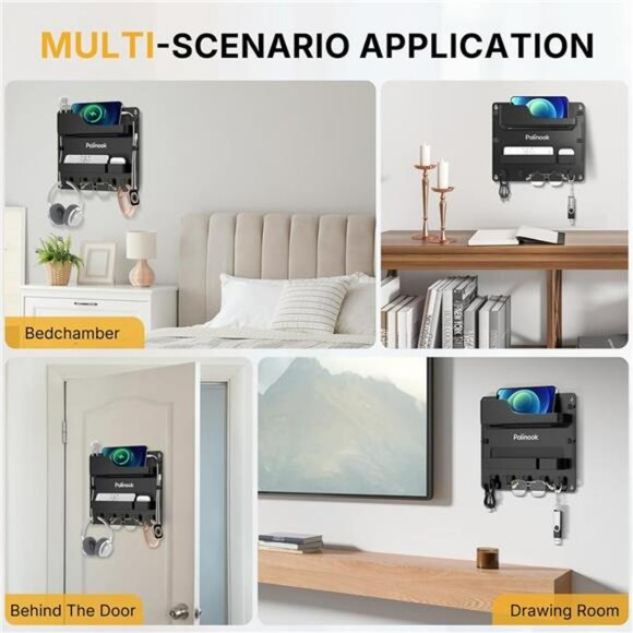 Bedside wall mount shelf phone holder organizer with hooks bedroom storage rack - Picture 2 of 8